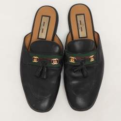 Pre Owned Gucci Black Leather Tassel Web Princetown Horsebit Flat Mules Size 40.5