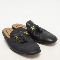 Pre Owned Gucci Black Leather Tassel Web Princetown Horsebit Flat Mules Size 40.5