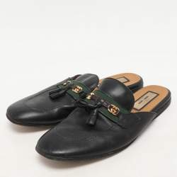Pre Owned Gucci Black Leather Tassel Web Princetown Horsebit Flat Mules Size 40.5