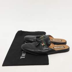 Pre Owned Gucci Black Leather Tassel Web Princetown Horsebit Flat Mules Size 40.5