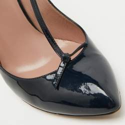 Pre Owned Gucci Navy Blue Patent Leather Beverly T-Strap Bow Pumps Size 39