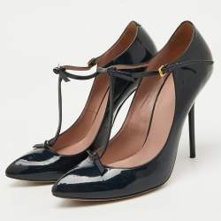 Pre Owned Gucci Navy Blue Patent Leather Beverly T-Strap Bow Pumps Size 39