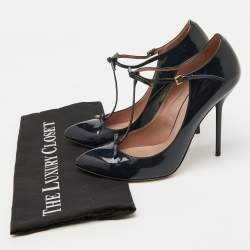 Pre Owned Gucci Navy Blue Patent Leather Beverly T-Strap Bow Pumps Size 39