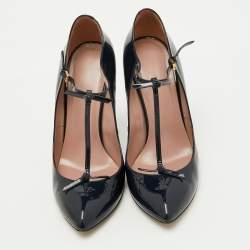 Pre Owned Gucci Navy Blue Patent Leather Beverly T-Strap Bow Pumps Size 39