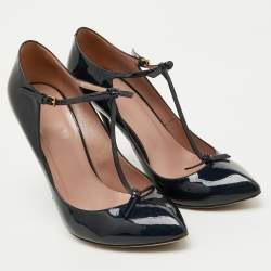 Pre Owned Gucci Navy Blue Patent Leather Beverly T-Strap Bow Pumps Size 39