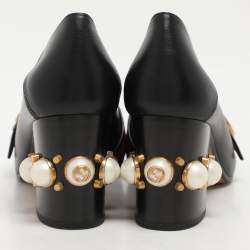 Gucci Black Leather GG Marmont Pearl Embellished Loafer Pumps Size 39