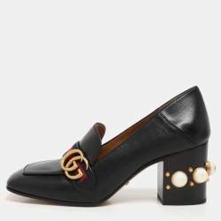 Gucci Black Leather GG Marmont Pearl Embellished Loafer Pumps Size 39