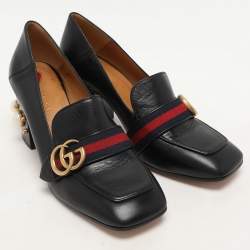 Gucci Black Leather GG Marmont Pearl Embellished Loafer Pumps Size 39