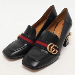 Gucci Black Leather GG Marmont Pearl Embellished Loafer Pumps Size 39