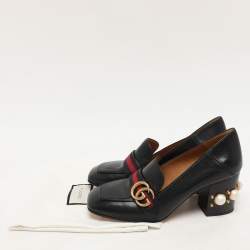 Gucci Black Leather GG Marmont Pearl Embellished Loafer Pumps Size 39