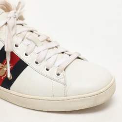 Gucci White Leather Fur Lined Bee Embroidered Web Ace Low Top Sneakers Size 37.5
