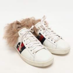 Gucci White Leather Fur Lined Bee Embroidered Web Ace Low Top Sneakers Size 37.5