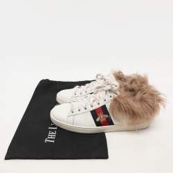 Gucci White Leather Fur Lined Bee Embroidered Web Ace Low Top Sneakers Size 37.5