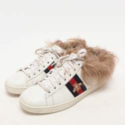 Gucci White Leather Fur Lined Bee Embroidered Web Ace Low Top Sneakers Size 37.5