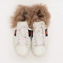 Gucci White Leather Fur Lined Bee Embroidered Web Ace Low Top Sneakers Size 37.5