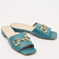 Gucci Green Leather Horsebit Flat Slides Size 36.5