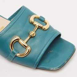 Gucci Green Leather Horsebit Flat Slides Size 36.5