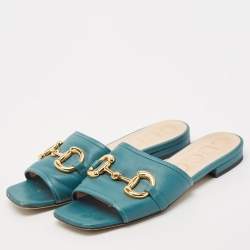 Gucci Green Leather Horsebit Flat Slides Size 36.5