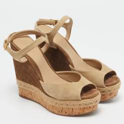 Gucci Beige/Brown Suede Wedge Platform Ankle Strap Sandals Size 39