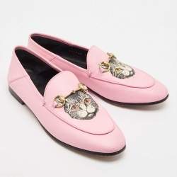 Pre Owned Gucci Pink Leather Brixton Cat Loafers Size 39