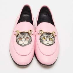 Pre Owned Gucci Pink Leather Brixton Cat Loafers Size 39