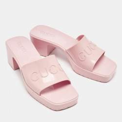 Pre Owned Gucci Pink Rubber Embossed Logo Slide Sandals Size 38