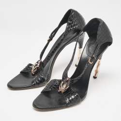 Gucci Black Python Snake Head Crystals Ankle Strap Sandals Size 38.5