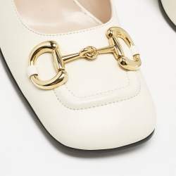 Pre Owned Gucci White Leather Horsebit Block Heel Pumps Size 40