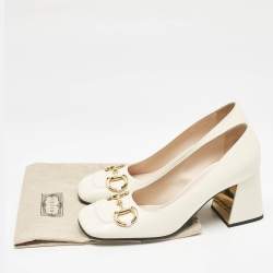 Pre Owned Gucci White Leather Horsebit Block Heel Pumps Size 40