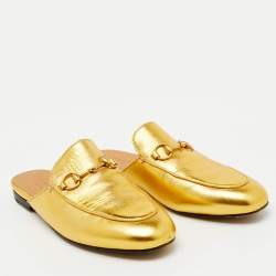 Gucci Gold Leather Horsebit Princetown Flat Mules Size 36.5