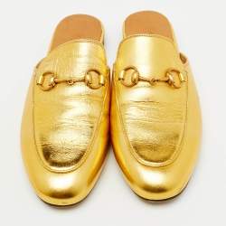 Gucci Gold Leather Horsebit Princetown Flat Mules Size 36.5