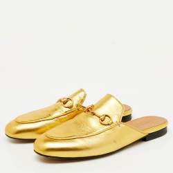 Gucci Gold Leather Horsebit Princetown Flat Mules Size 36.5