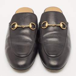 Pre Owned Gucci Black Leather Princetown Horsebit Flat Mules Size 38