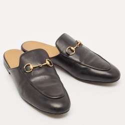 Pre Owned Gucci Black Leather Princetown Horsebit Flat Mules Size 38