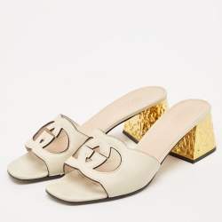 Gucci Cream Leather Cut Out Interlocking G Slide Sandals Size 40