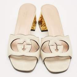 Gucci Cream Leather Cut Out Interlocking G Slide Sandals Size 40