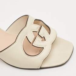 Gucci Cream Leather Cut Out Interlocking G Slide Sandals Size 40