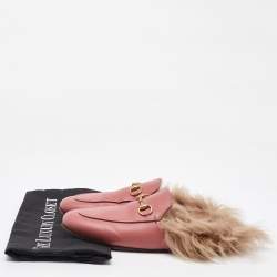 Gucci Pink Leather Horsebit Princetown Fur Flat Mules Size 37