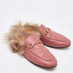 Gucci Pink Leather Horsebit Princetown Fur Flat Mules Size 37