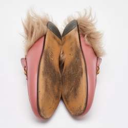 Gucci Pink Leather Horsebit Princetown Fur Flat Mules Size 37