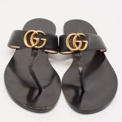 Gucci Black Leather GG Marmont Thong Flats Size 38