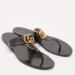 Gucci Black Leather GG Marmont Thong Flats Size 38