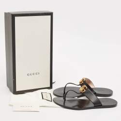 Gucci Black Leather GG Marmont Thong Flats Size 38