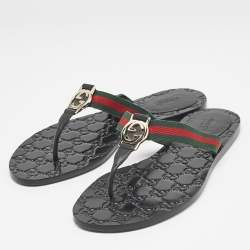 Gucci Black Leather GG Marmont Thong Flats Size 38