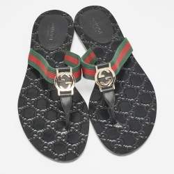 Gucci Black Leather GG Marmont Thong Flats Size 38