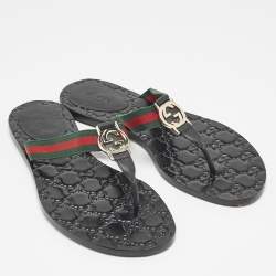 Gucci Black Leather GG Marmont Thong Flats Size 38