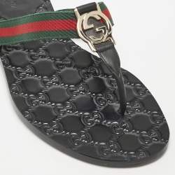 Gucci Black Leather GG Marmont Thong Flats Size 38