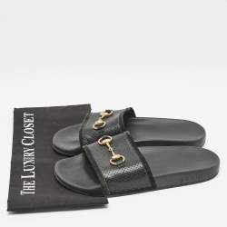 Gucci Black Leather and Suede Horsebit Flat Slides Size 39