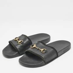 Gucci Black Leather and Suede Horsebit Flat Slides Size 39