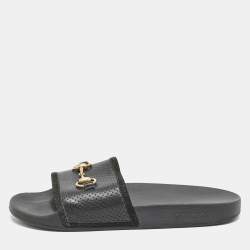 Gucci Black Leather and Suede Horsebit Flat Slides Size 39